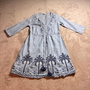 Spartina 449 Embroidered Linen Palm Tree Tunic Dress Womens XS Boho Coastal